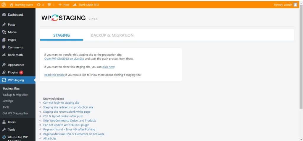the orange bar at the top shows that we are on the staging WordPress website.