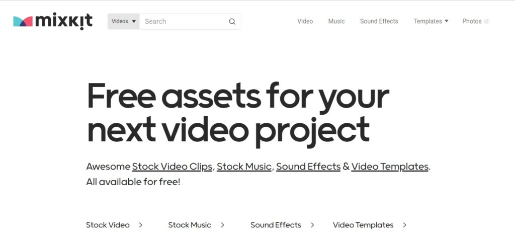 Mixkit stock videwo website homepage