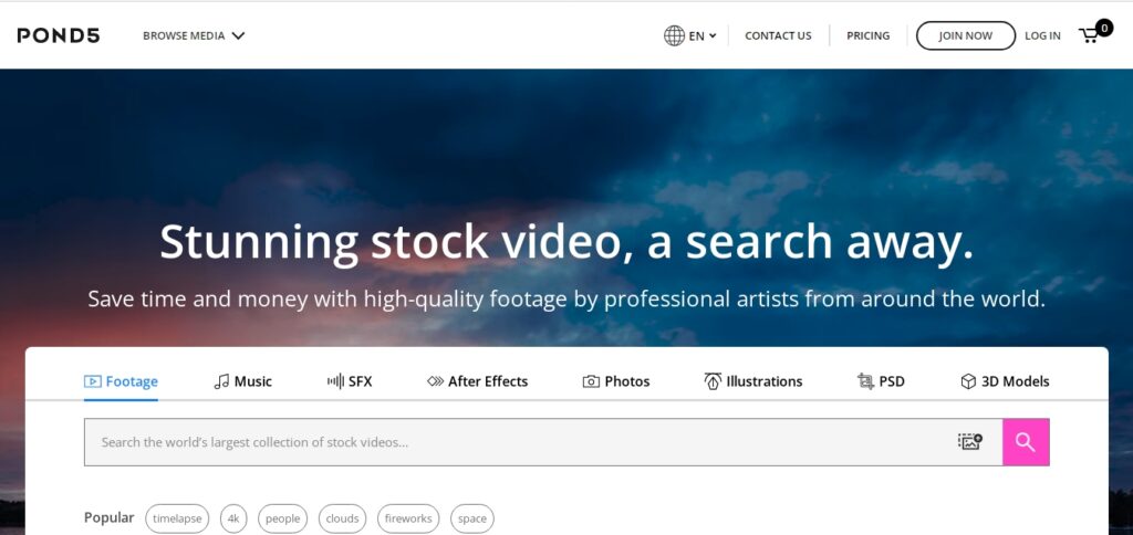 Pond5 stock video website homepage