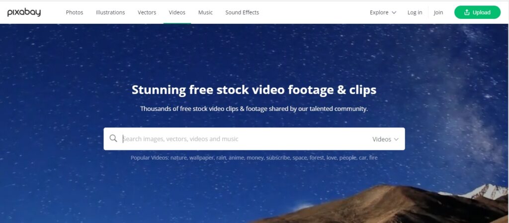 Pixabay stock video website homepage