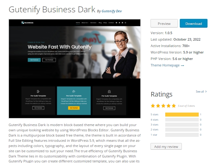 Gutenify Business Dark a WordPress block theme