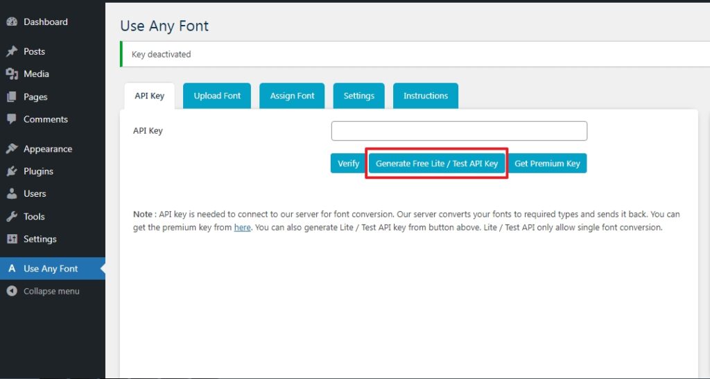 Generate api key to host fonts locally