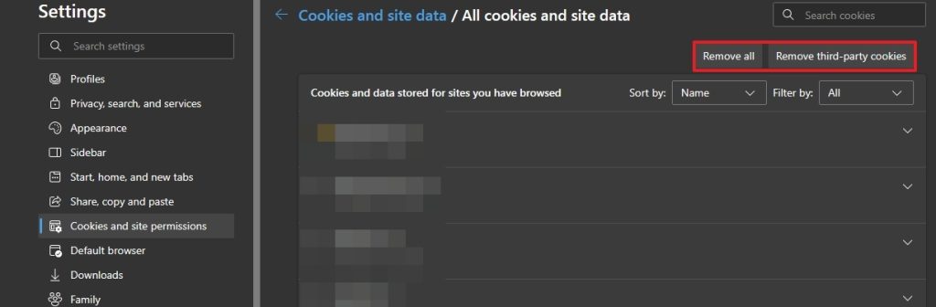 remove all third party cookies from Edge