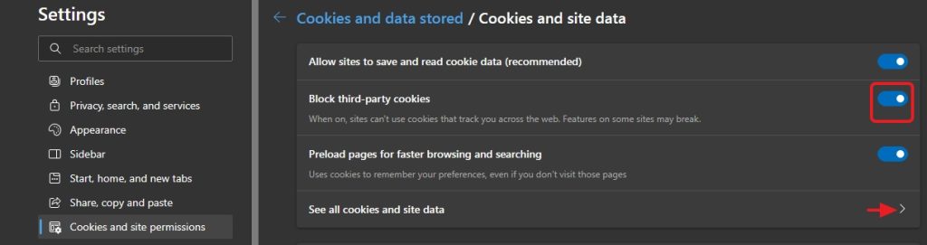 block tracking cookies in Edge