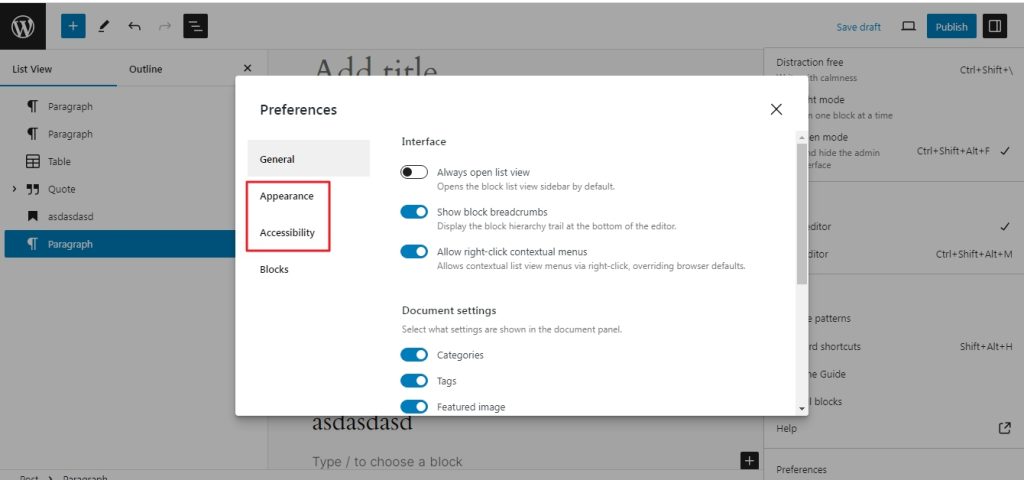 changes to preference tab in WordPress 6.5