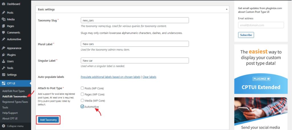 adding the custom taxonomies to the custom post type