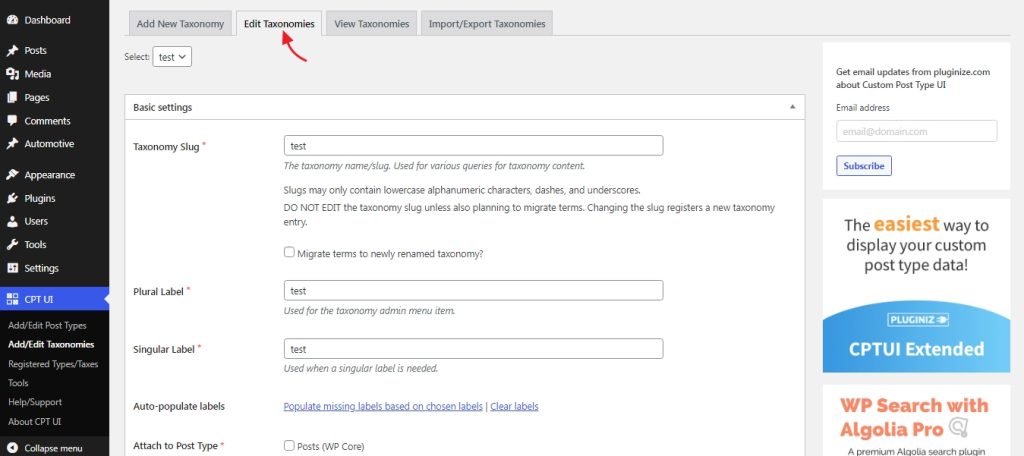 editing the custom taxonomies