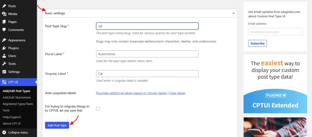 basic settings to create new custom WordPress post type