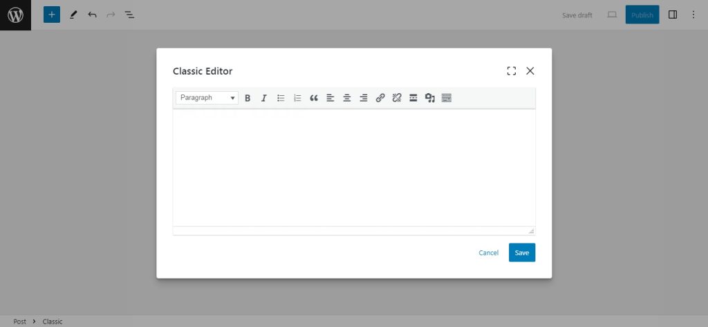 classic editor interface with in the block editor