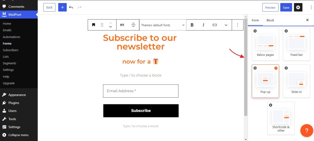 edit your newsletter signup form