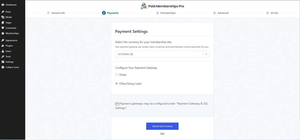 payment settings of paid membership plugin