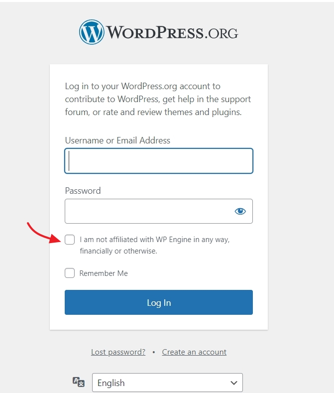 WordPress.org WP Engine login check box