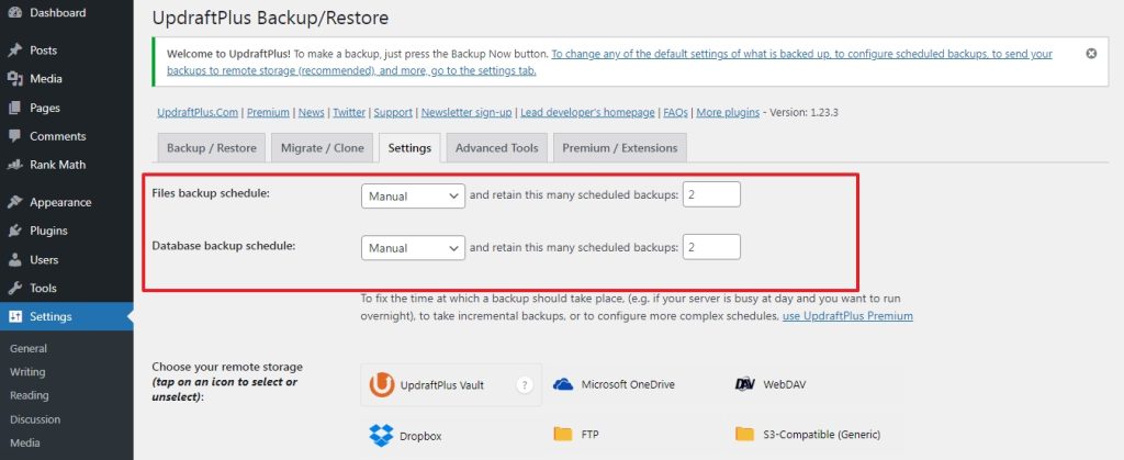 updraft plus plugin backup options