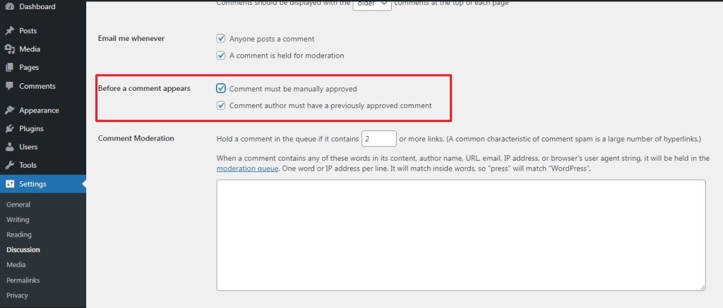 wordpress comment settings