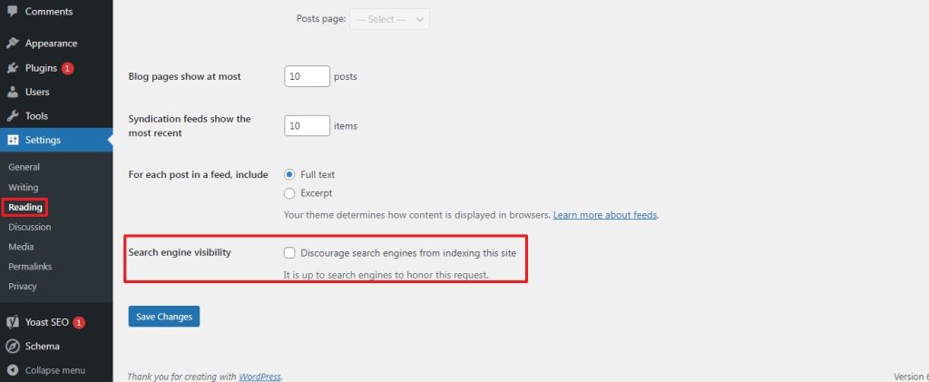 search engine visibility settings