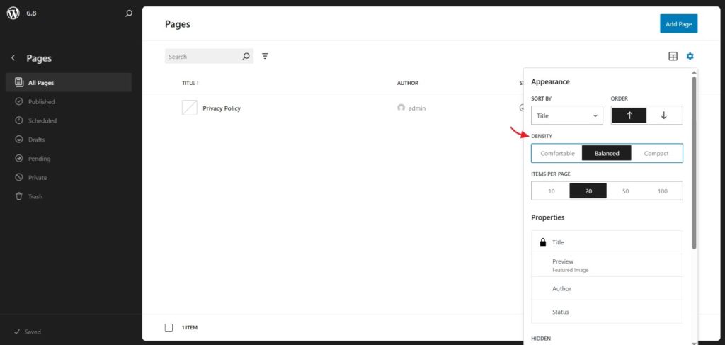density option in data views