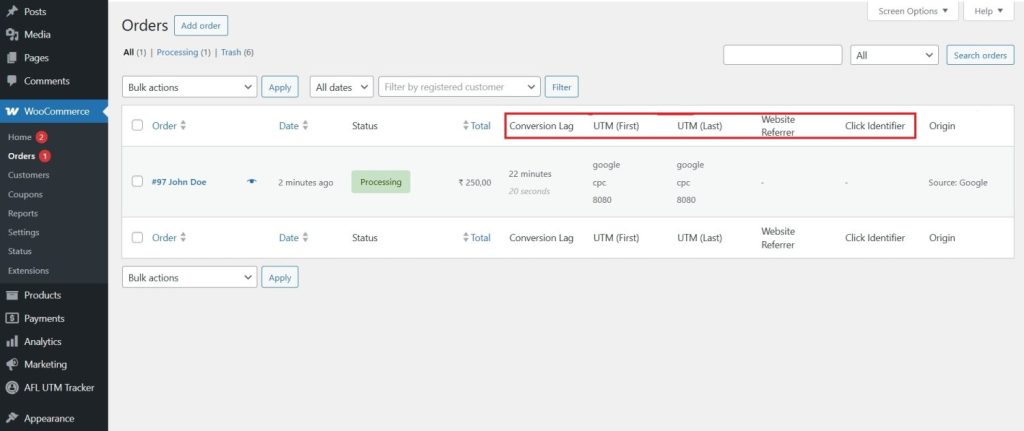 afl utm tracker plugin woocommerce order