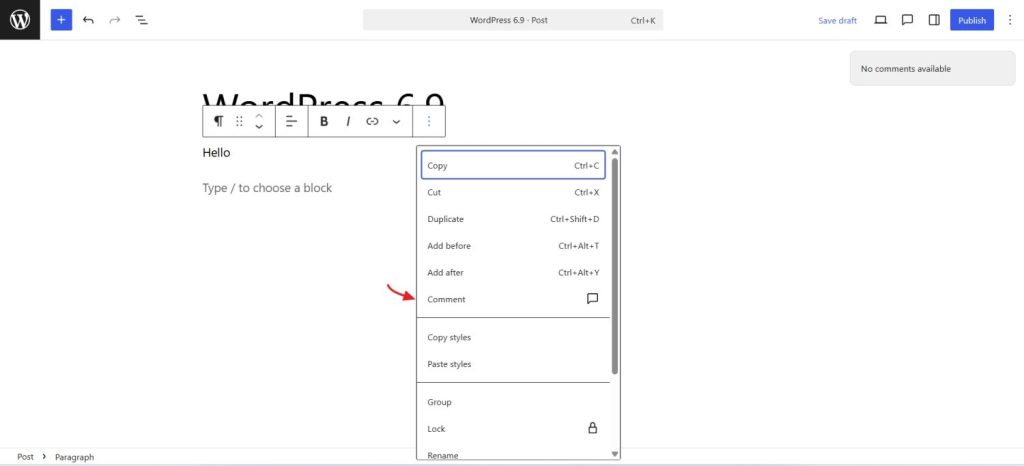 wordpress 6.9 block commenting