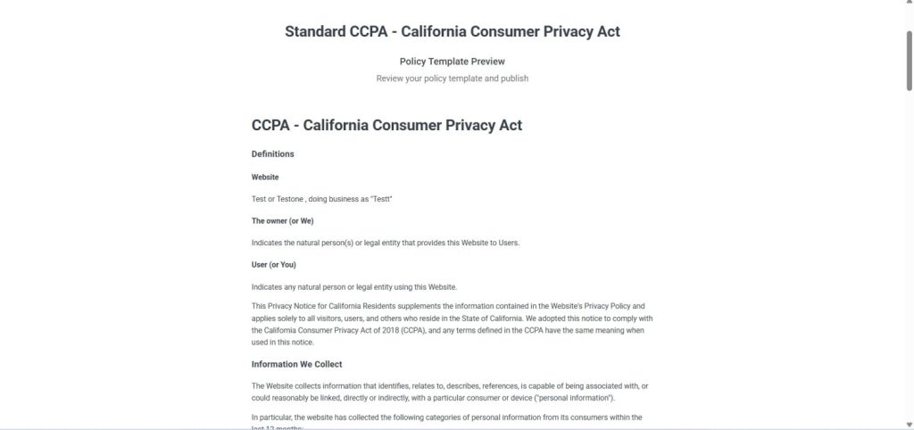 legal page for WordPress preview