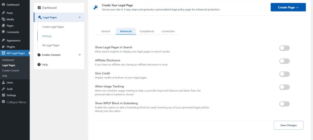 wplp legal pages settings