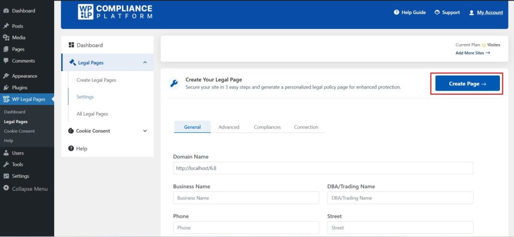 WPLP create legal pages for WordPress