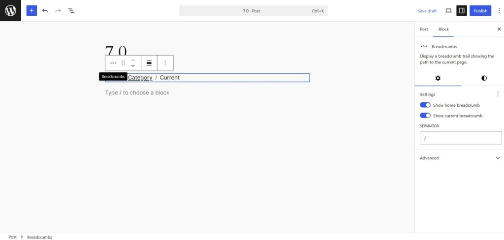 new breadcrumbs block in wordpress 7.0