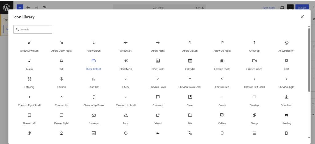 new icon block in wordpress 7.0
