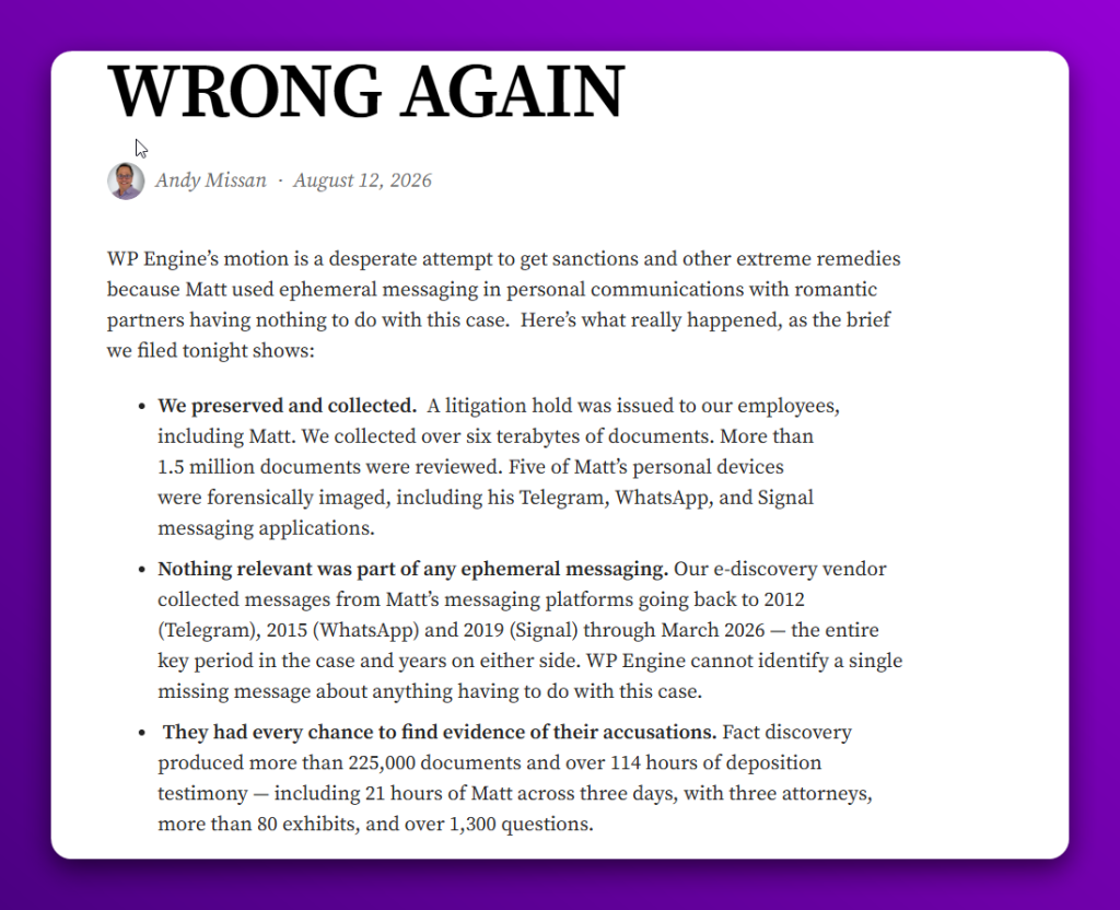 Andy Missan addressed wp engine motion