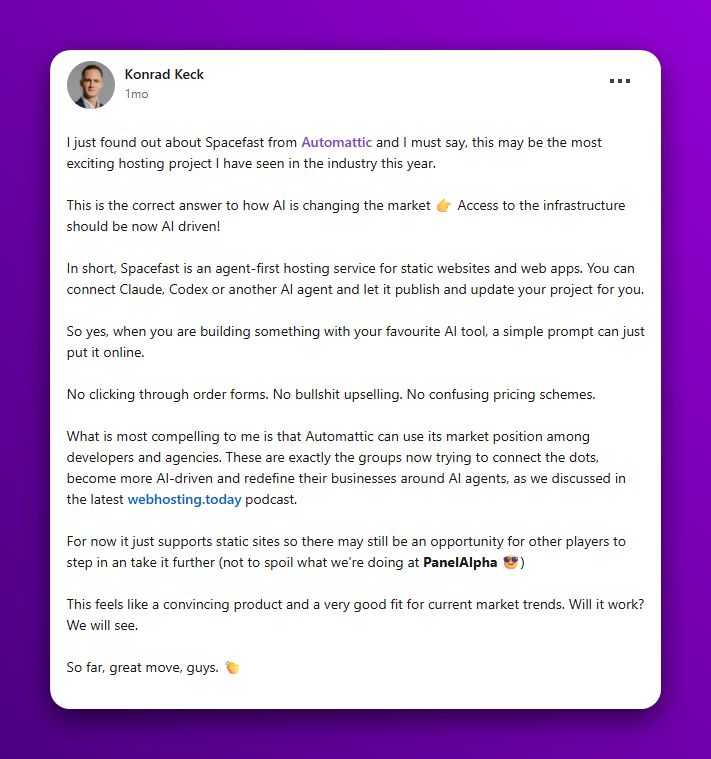 Konrad Keck linkedin post about spacefast