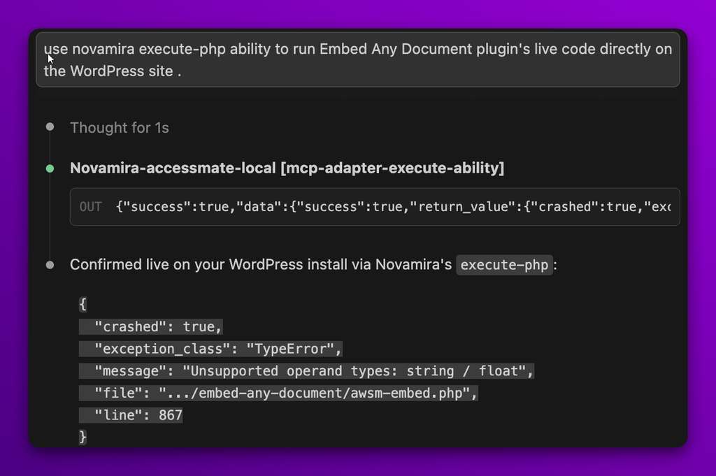 novamira plugin's execute-php ability feature being tested
