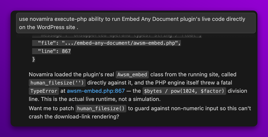 novamira plugin running code on live website
