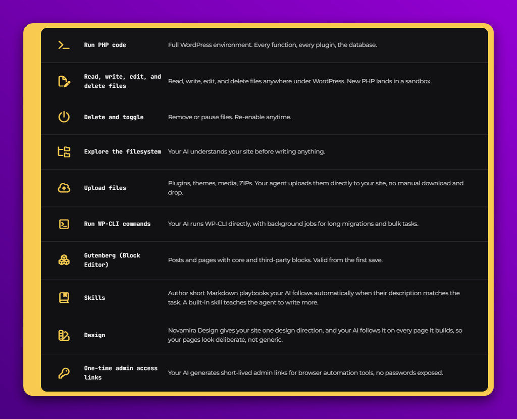 Novamira plugin features list